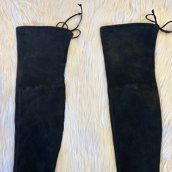 Stuart Weitzman Lowland Boots Over The Knee Suede Leather Block Heel Flat, Black - Picture 9 of 16